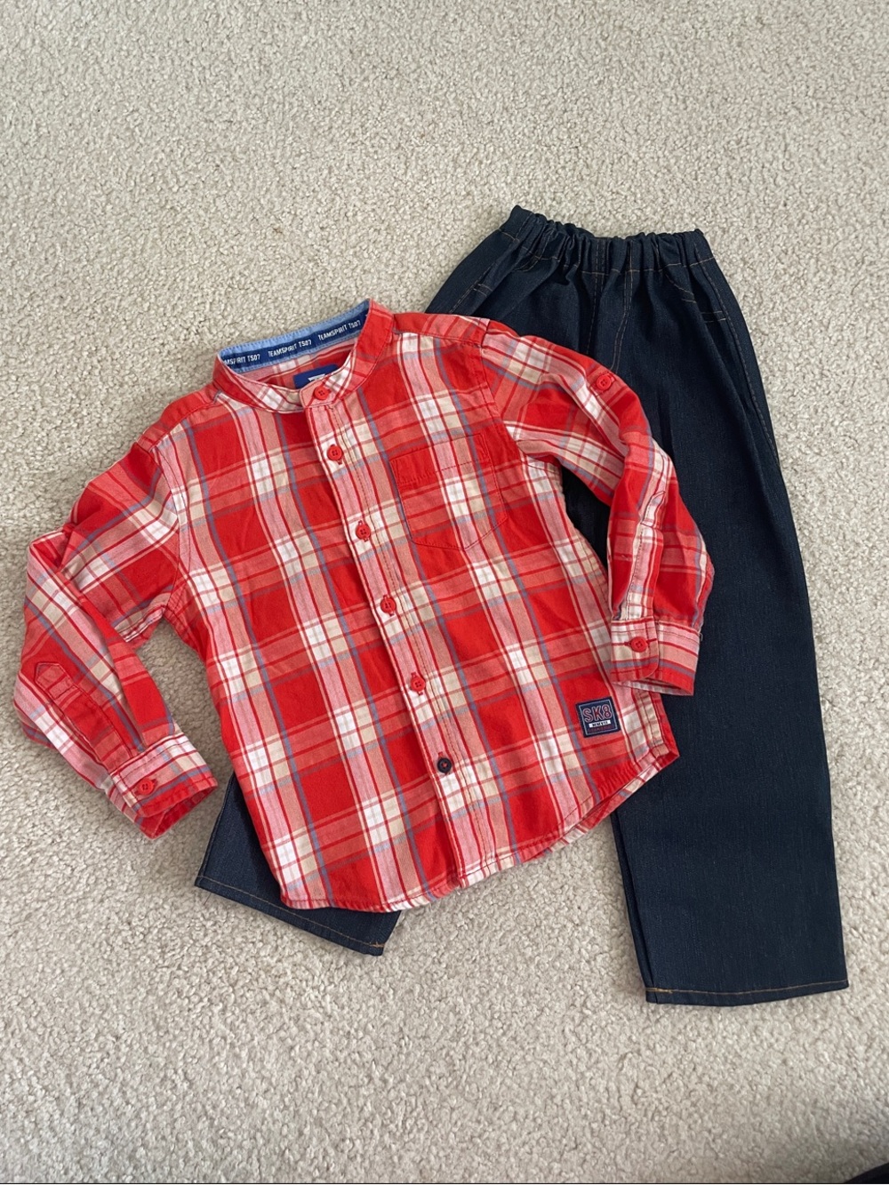 Orange Plaid Button-Up Shirt & dark denim Pull-On Pants Kids Set
